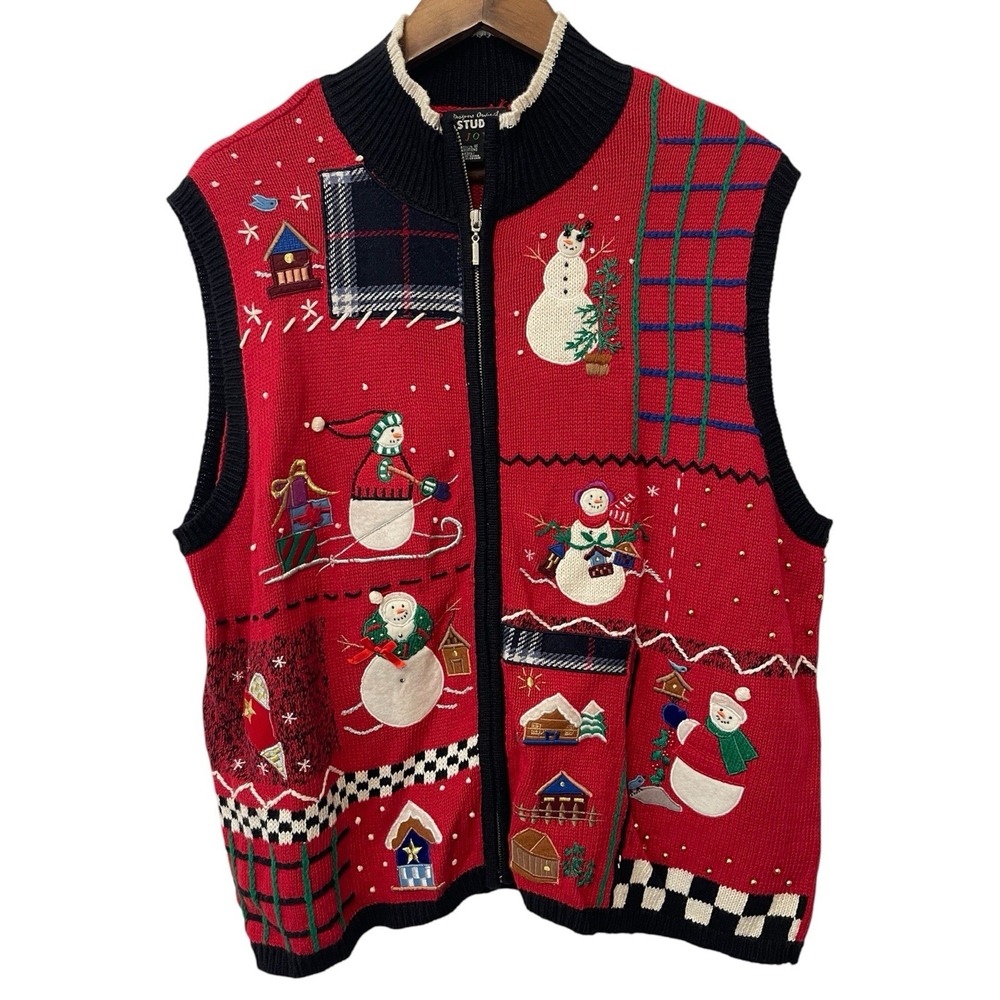 Women's Designers Original Christmas Vest Red XL Snowmen Plaid Festive Full Zip